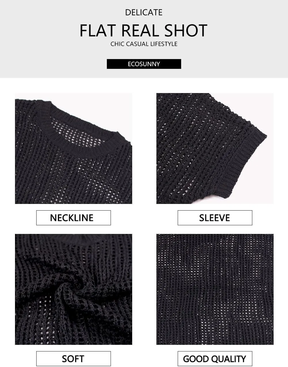 Ecosunny Womens Summer Crochet Tops Scoop Neck Short Sleeve Pullover Sweater Hollow Out Knit Tops Shirts Beach Cover Ups