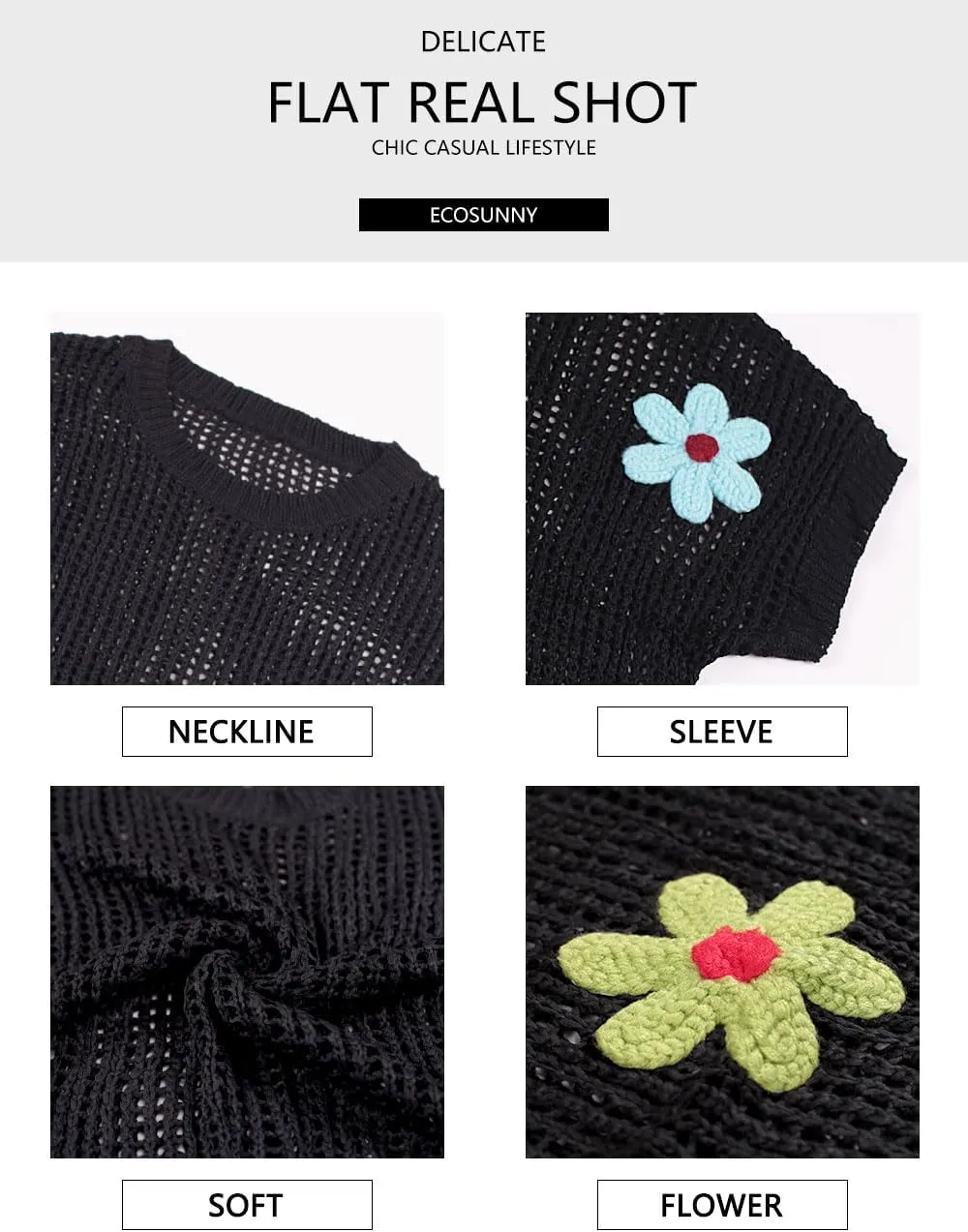 Ecosunny Womens Summer Crochet Tops Scoop Neck Short Sleeve Pullover Sweater Hollow Out Knit Tops Shirts Beach Cover Ups