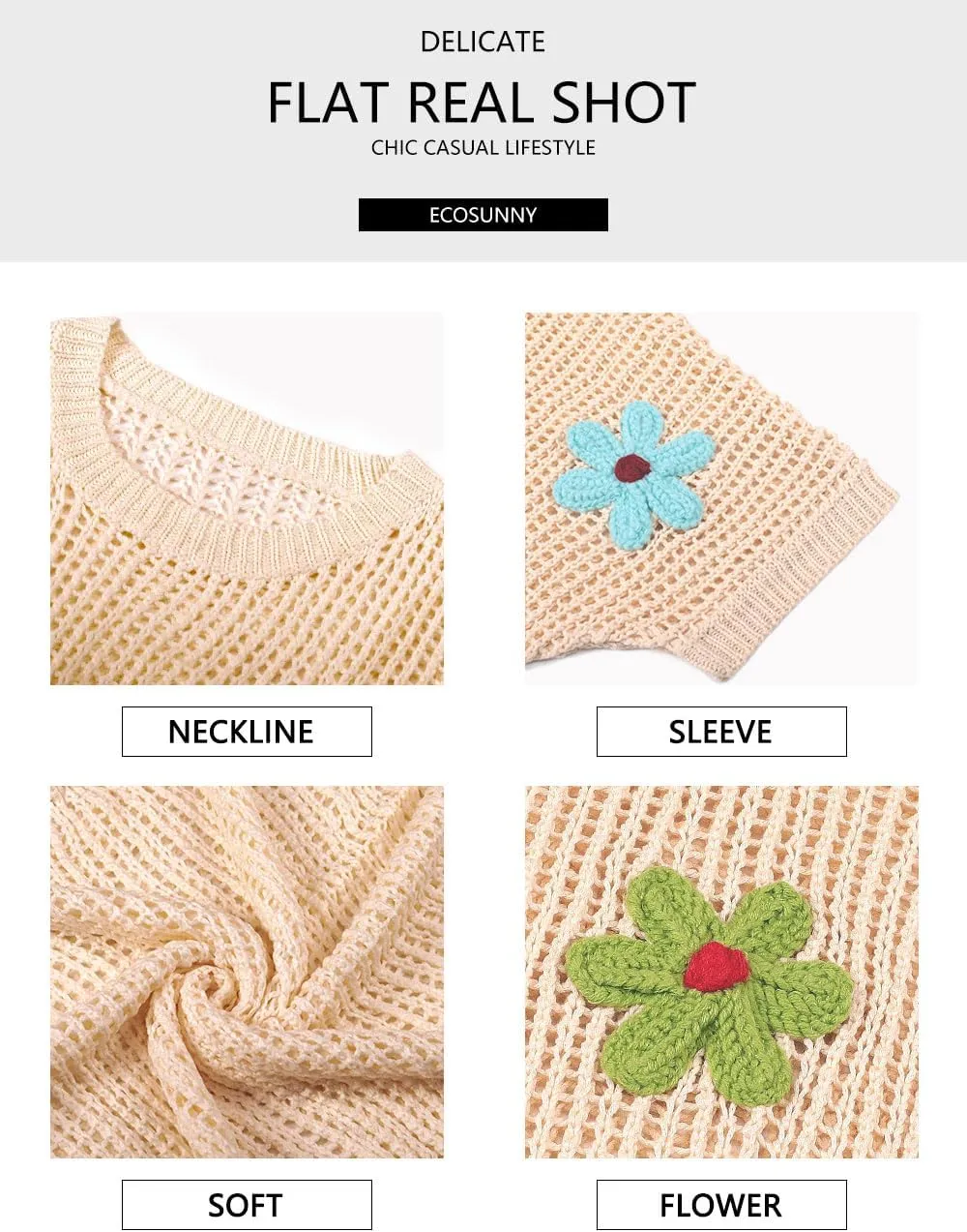 Ecosunny Womens Summer Crochet Tops Scoop Neck Short Sleeve Pullover Sweater Hollow Out Knit Tops Shirts Beach Cover Ups