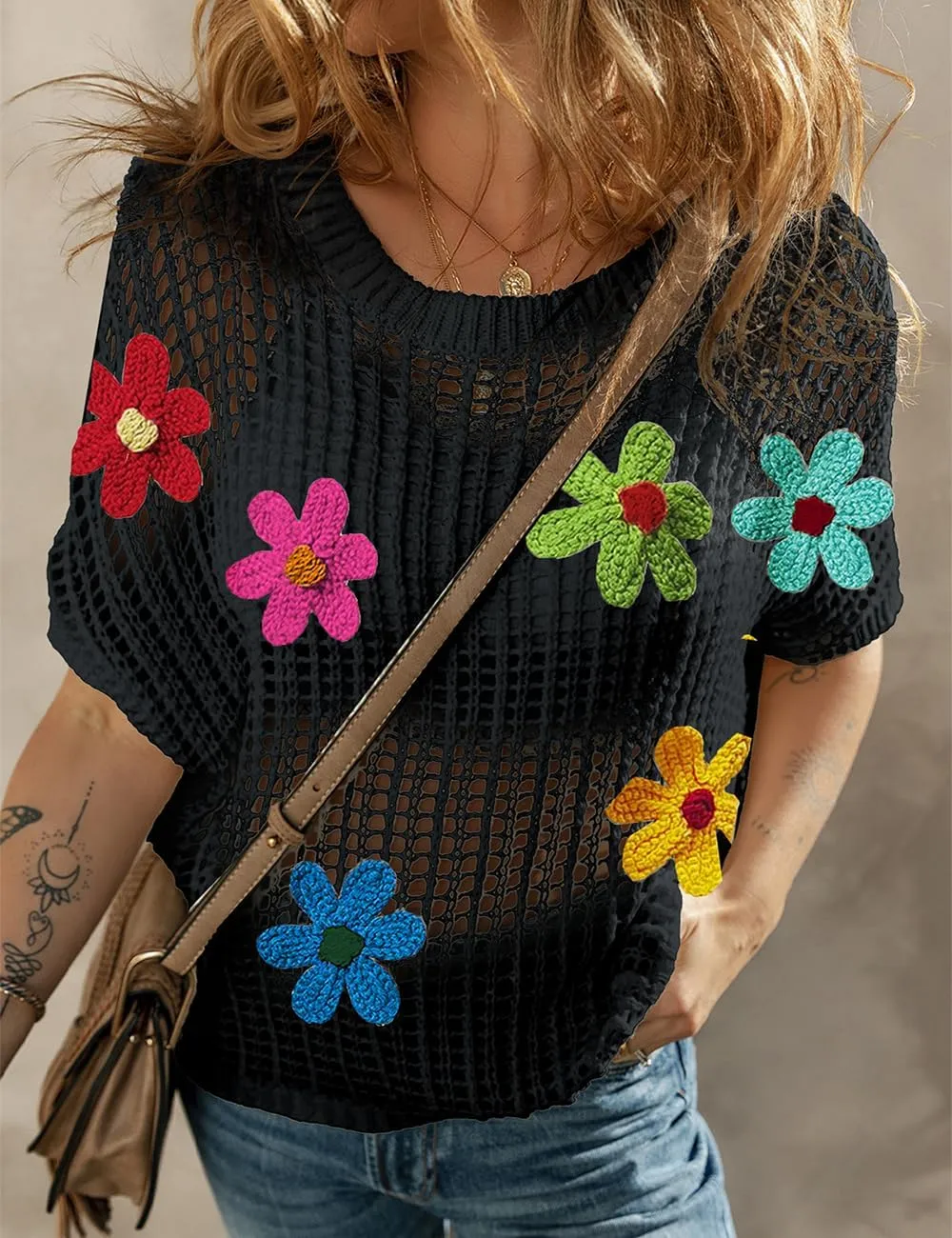 Ecosunny Womens Summer Crochet Tops Scoop Neck Short Sleeve Pullover Sweater Hollow Out Knit Tops Shirts Beach Cover Ups
