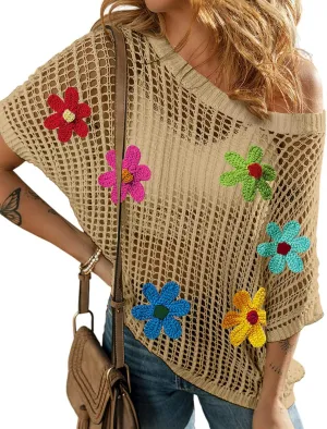 Ecosunny Womens Summer Crochet Tops Scoop Neck Short Sleeve Pullover Sweater Hollow Out Knit Tops Shirts Beach Cover Ups