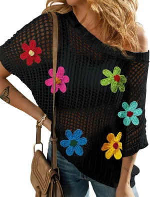 Ecosunny Womens Summer Crochet Tops Scoop Neck Short Sleeve Pullover Sweater Hollow Out Knit Tops Shirts Beach Cover Ups