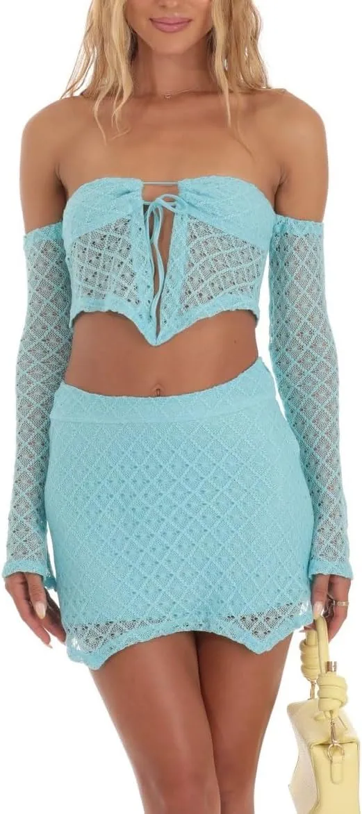Faretumiya Women Y2k Lace 2 Piece Skirt Set See Through Mesh Lace Crop Top Bodycon Mini Skirt Set Ruffle Going Out Outfits