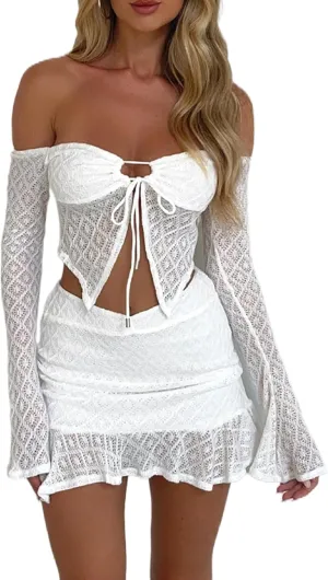 Faretumiya Women Y2k Lace 2 Piece Skirt Set See Through Mesh Lace Crop Top Bodycon Mini Skirt Set Ruffle Going Out Outfits