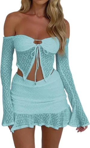 Faretumiya Women Y2k Lace 2 Piece Skirt Set See Through Mesh Lace Crop Top Bodycon Mini Skirt Set Ruffle Going Out Outfits