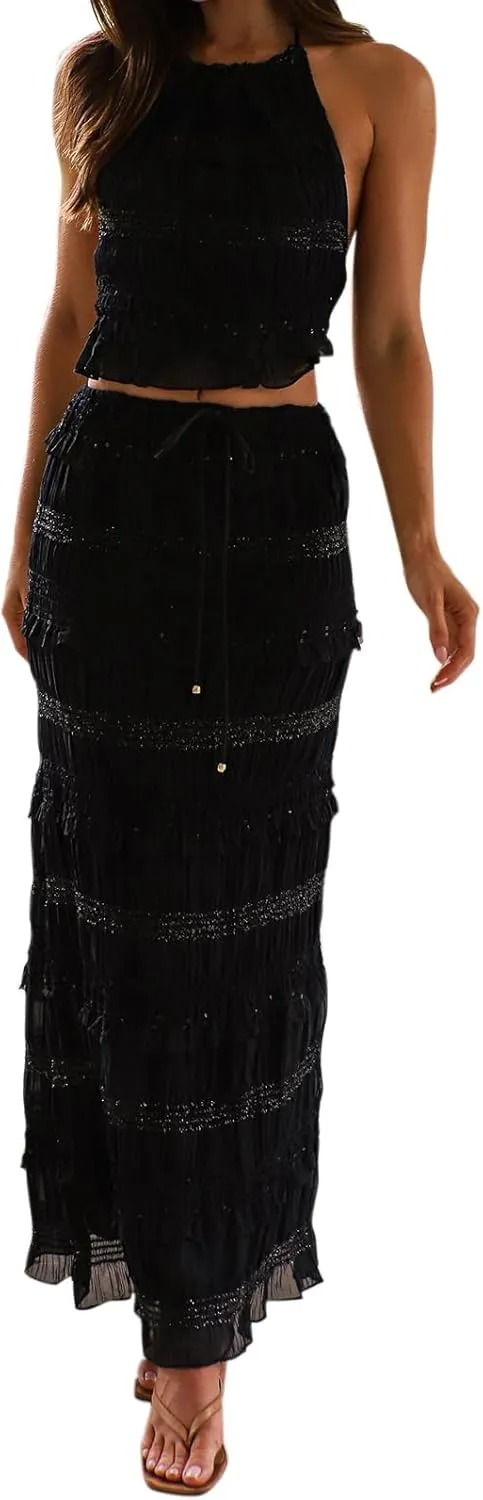 FEORJGP Women Summer 2 Piece Skirt Set Tracksuit Halter Neck Vest Top with Elastic Waist Long Skirt 2Pcs Skirt Sets Beachwear