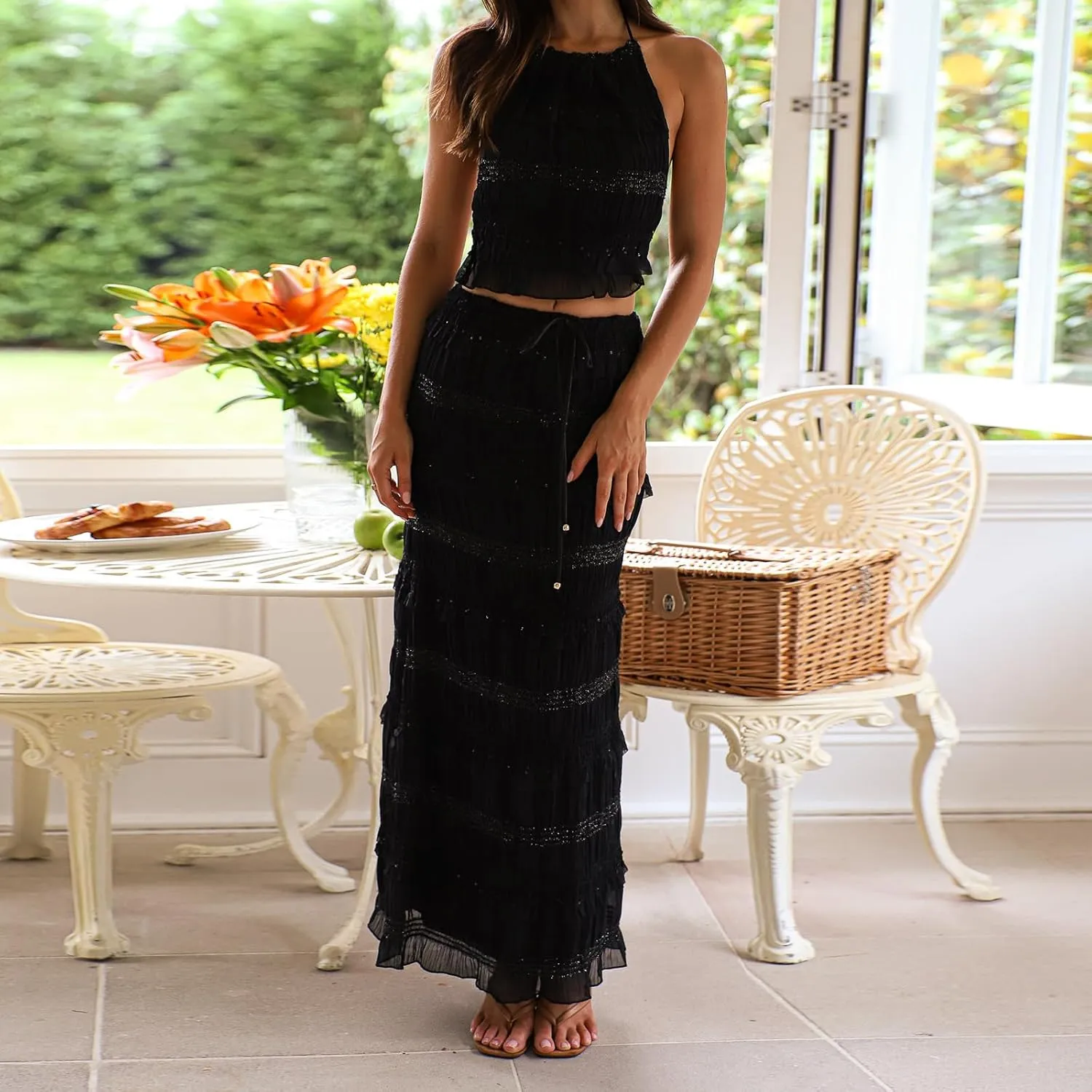 FEORJGP Women Summer 2 Piece Skirt Set Tracksuit Halter Neck Vest Top with Elastic Waist Long Skirt 2Pcs Skirt Sets Beachwear