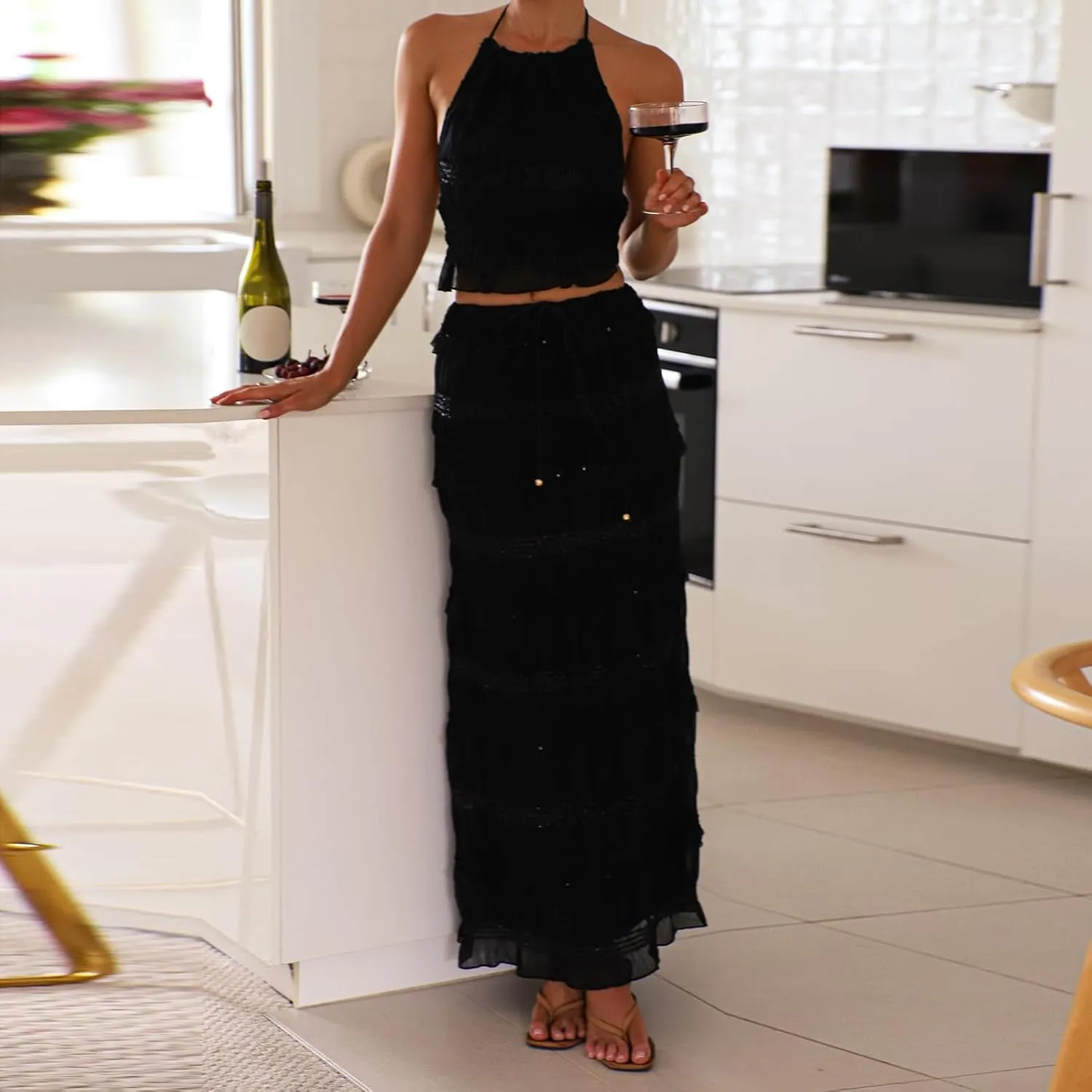 FEORJGP Women Summer 2 Piece Skirt Set Tracksuit Halter Neck Vest Top with Elastic Waist Long Skirt 2Pcs Skirt Sets Beachwear