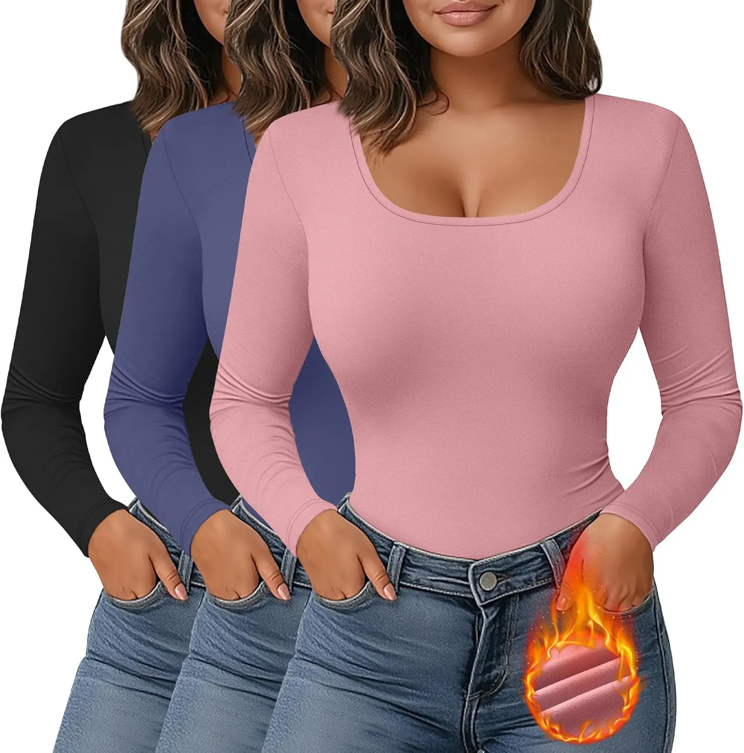 Ficerd 3 Pack Women's Plus Size Thermal Shirts Fleece Lined Scoop Neck Long Sleeve Tops Fitted Winter Base Layer Underwear