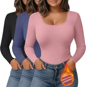 Ficerd 3 Pack Women's Plus Size Thermal Shirts Fleece Lined Scoop Neck Long Sleeve Tops Fitted Winter Base Layer Underwear