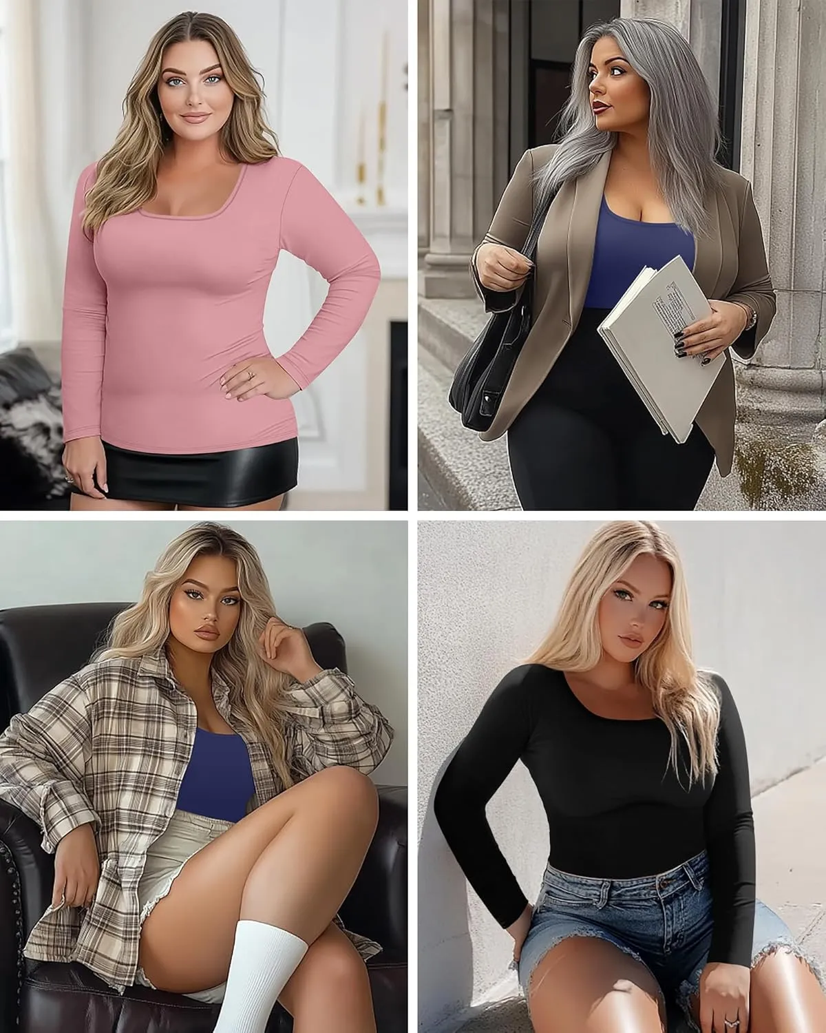 Ficerd 3 Pack Women's Plus Size Thermal Shirts Fleece Lined Scoop Neck Long Sleeve Tops Fitted Winter Base Layer Underwear