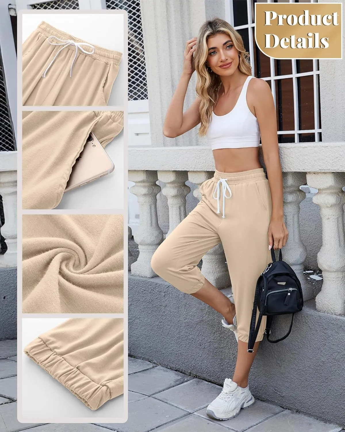 Ficerd 3 Pcs Women's Capri Sweatpants Joggers Summer Casual Sports Cropped Lounge Pants High Waisted Athletic with Pockets