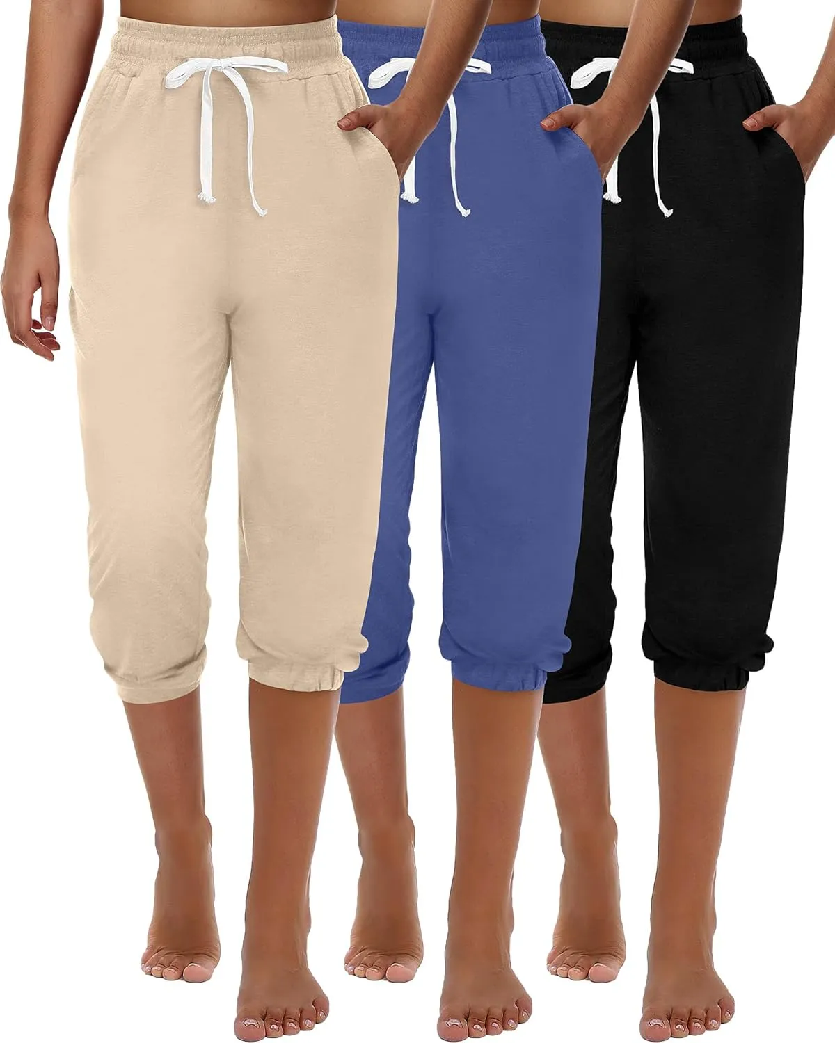 Ficerd 3 Pcs Women's Capri Sweatpants Joggers Summer Casual Sports Cropped Lounge Pants High Waisted Athletic with Pockets