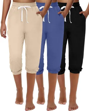 Ficerd 3 Pcs Women's Capri Sweatpants Joggers Summer Casual Sports Cropped Lounge Pants High Waisted Athletic with Pockets
