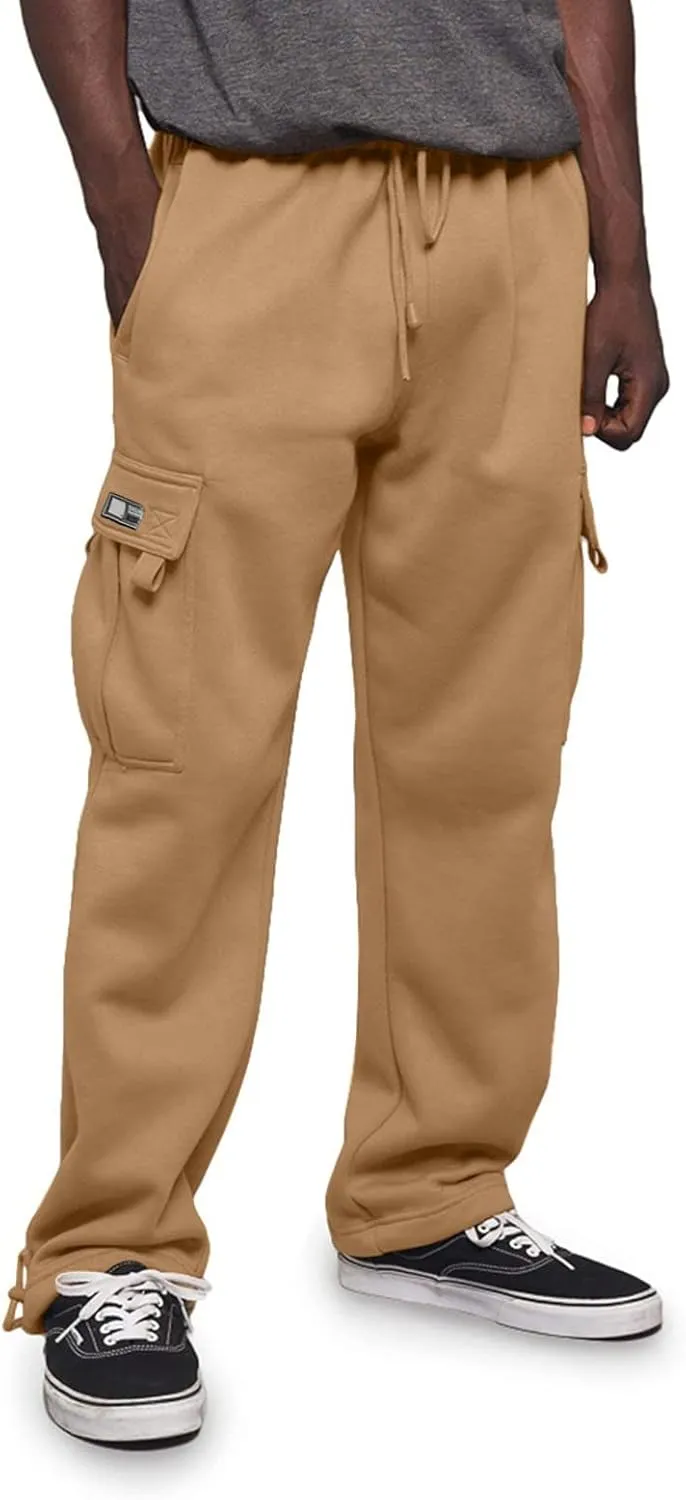 Fleece Cargo Pants for Men Casual Solid Plus Size Loose Fit Sweatpants Mens Baggy Stretch Waist Hiking Work Pants