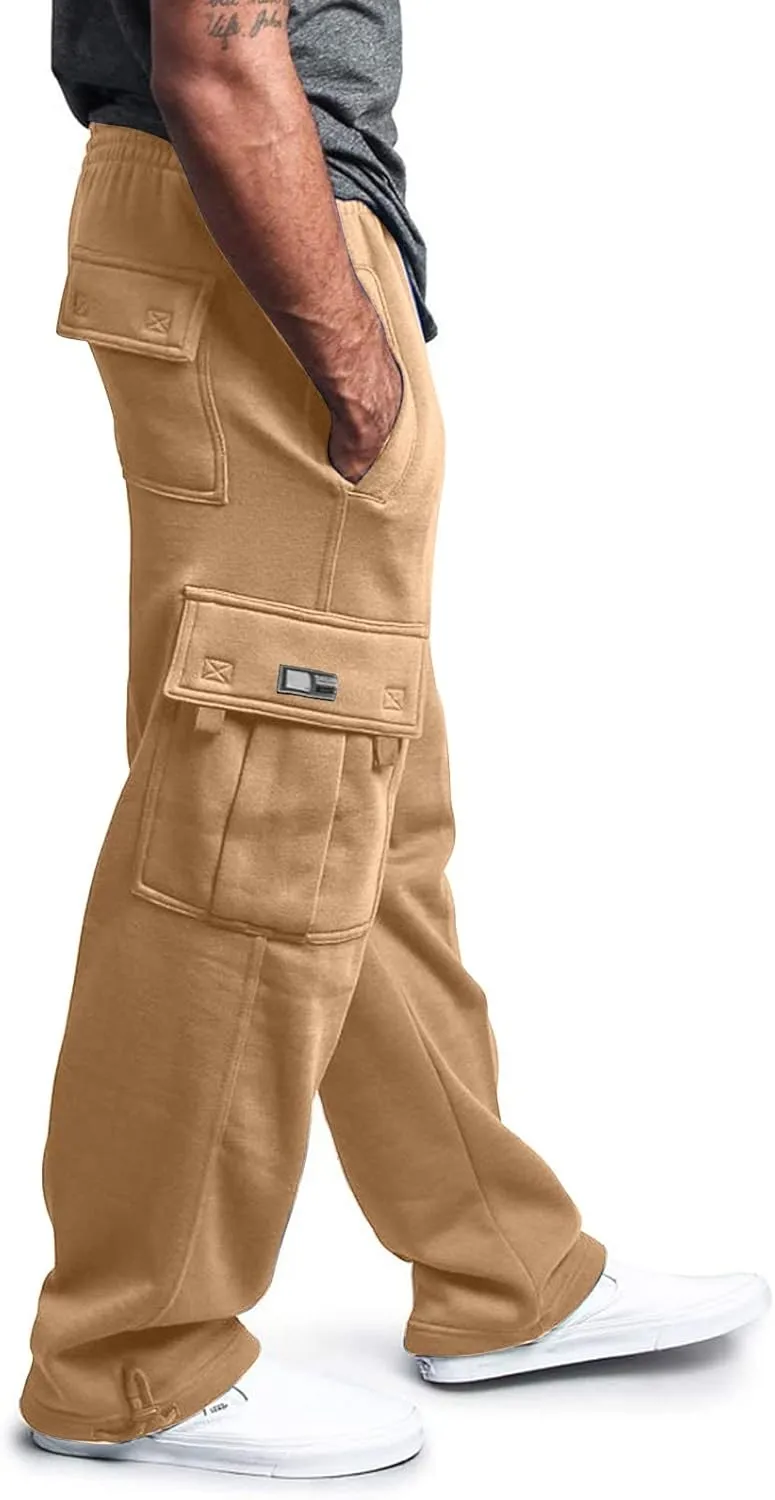 Fleece Cargo Pants for Men Casual Solid Plus Size Loose Fit Sweatpants Mens Baggy Stretch Waist Hiking Work Pants