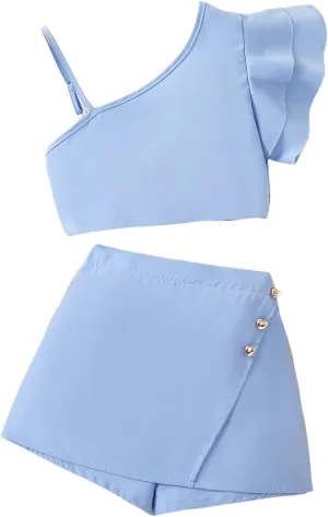 Floerns Girl's 2 Piece Outfit Asymmetrical Crop Top and Cute Short Skort Set