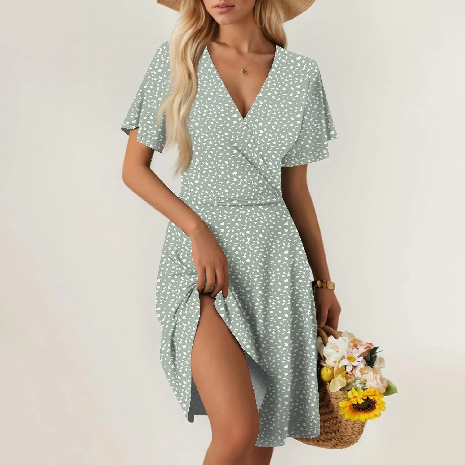 Floral Dress for Women Casual Summer V Neck Short Sleeve Knee Length Wrap Dress Cute Sundresses for Beach Vacation