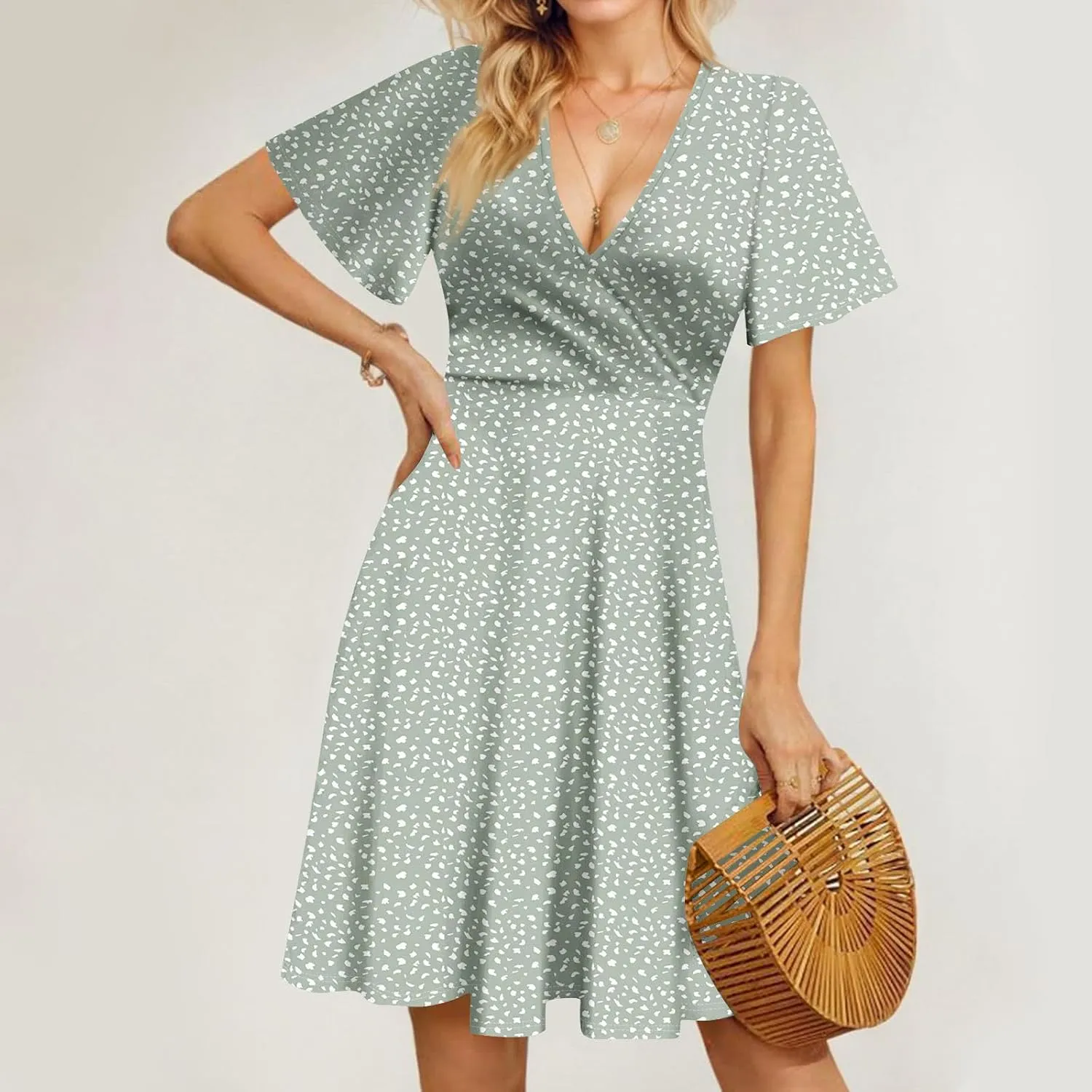 Floral Dress for Women Casual Summer V Neck Short Sleeve Knee Length Wrap Dress Cute Sundresses for Beach Vacation