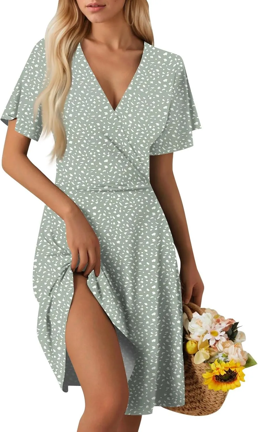 Floral Dress for Women Casual Summer V Neck Short Sleeve Knee Length Wrap Dress Cute Sundresses for Beach Vacation