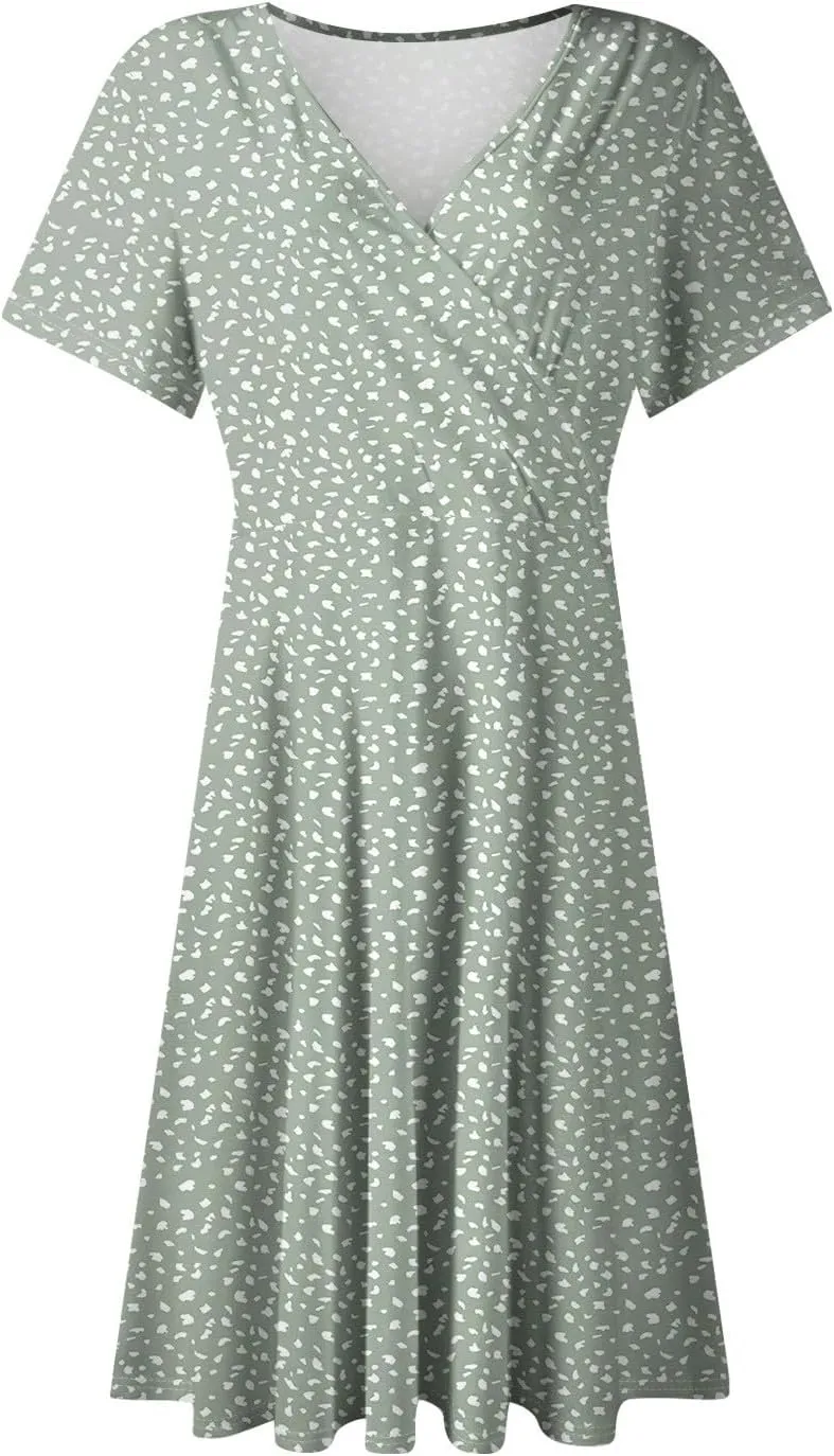 Floral Dress for Women Casual Summer V Neck Short Sleeve Knee Length Wrap Dress Cute Sundresses for Beach Vacation