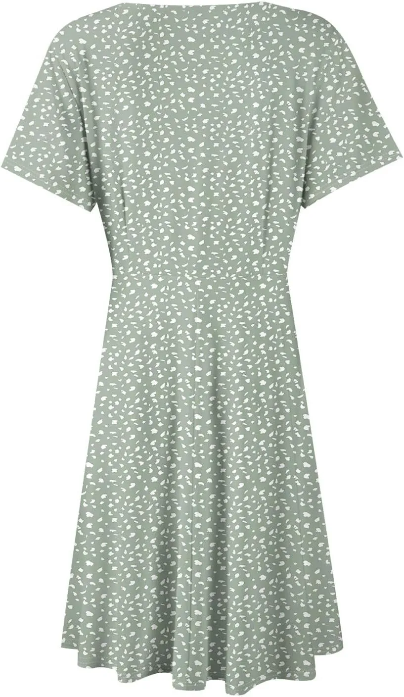 Floral Dress for Women Casual Summer V Neck Short Sleeve Knee Length Wrap Dress Cute Sundresses for Beach Vacation