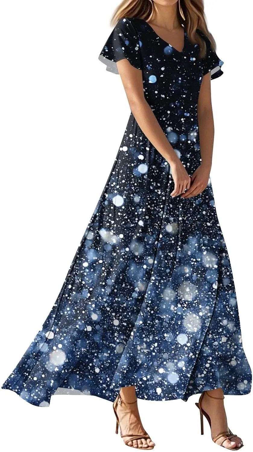 Floral Maxi Dresses for Women 2025 Summer Elegant Flutter Sleeve Long Flowy Trendy V Neck Garden Party Dress
