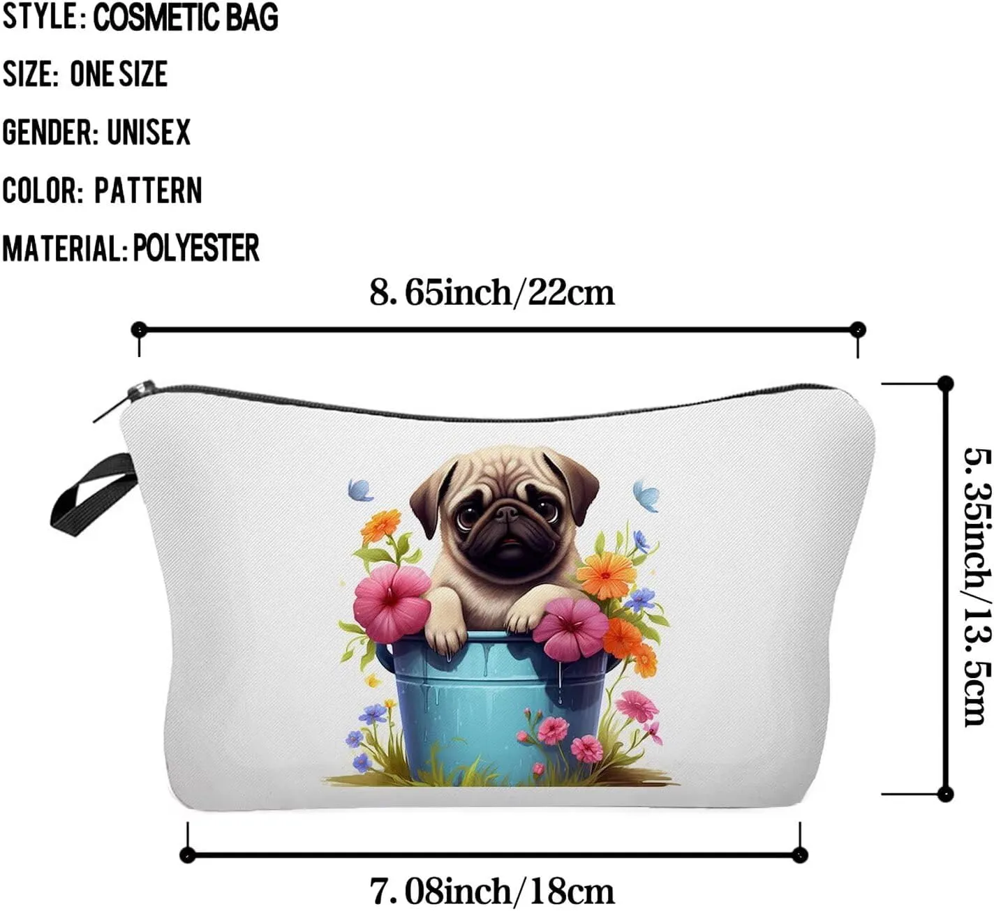 Floral Pug Makeup Bag Cute Small Organizer Zipper Pouch Floral Pug Cosmetic Bag Birthday Present for Women Friends -1