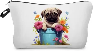 Floral Pug Makeup Bag Cute Small Organizer Zipper Pouch Floral Pug Cosmetic Bag Birthday Present for Women Friends -1