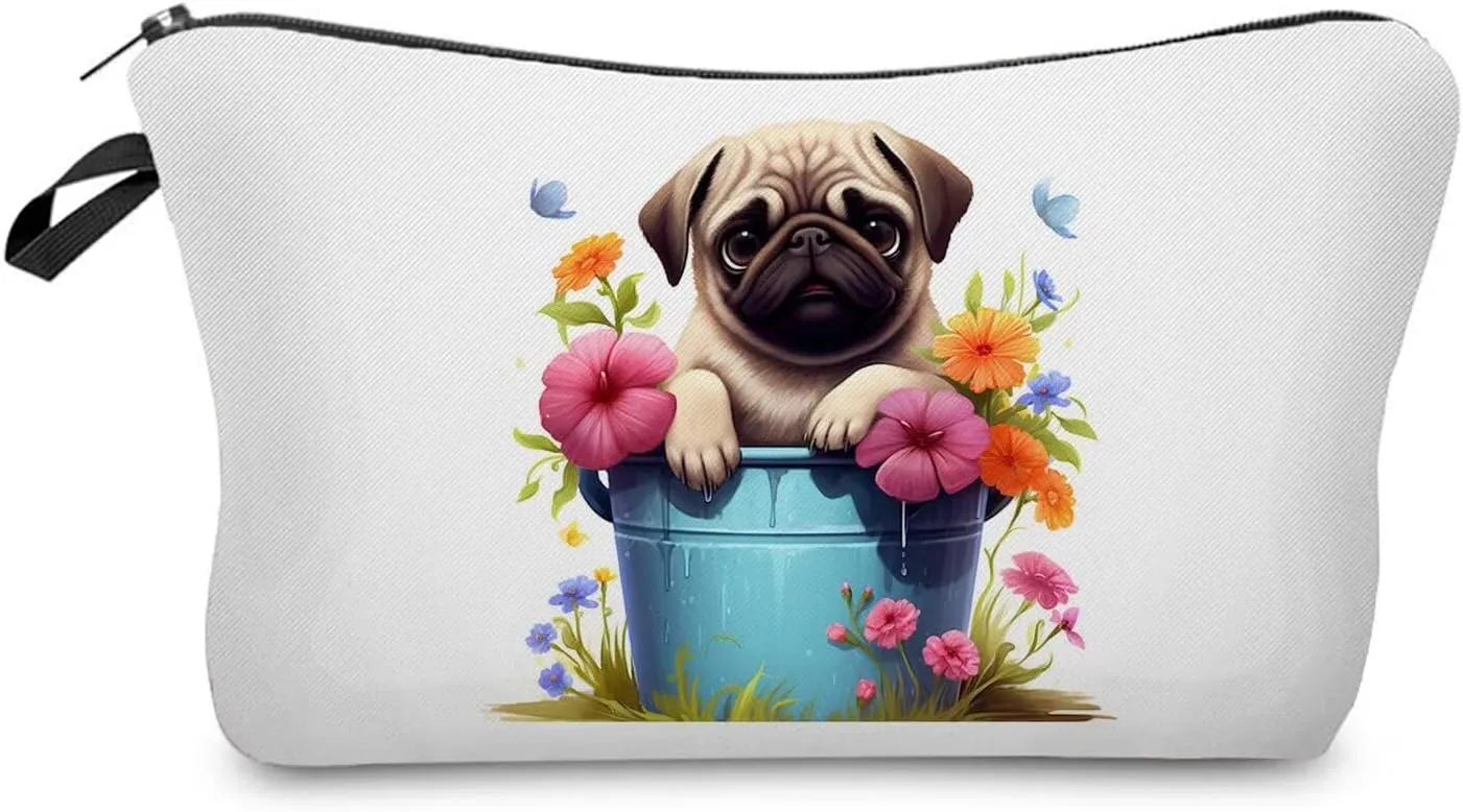 Floral Pug Makeup Bag Cute Small Organizer Zipper Pouch Floral Pug Cosmetic Bag Birthday Present for Women Friends -1