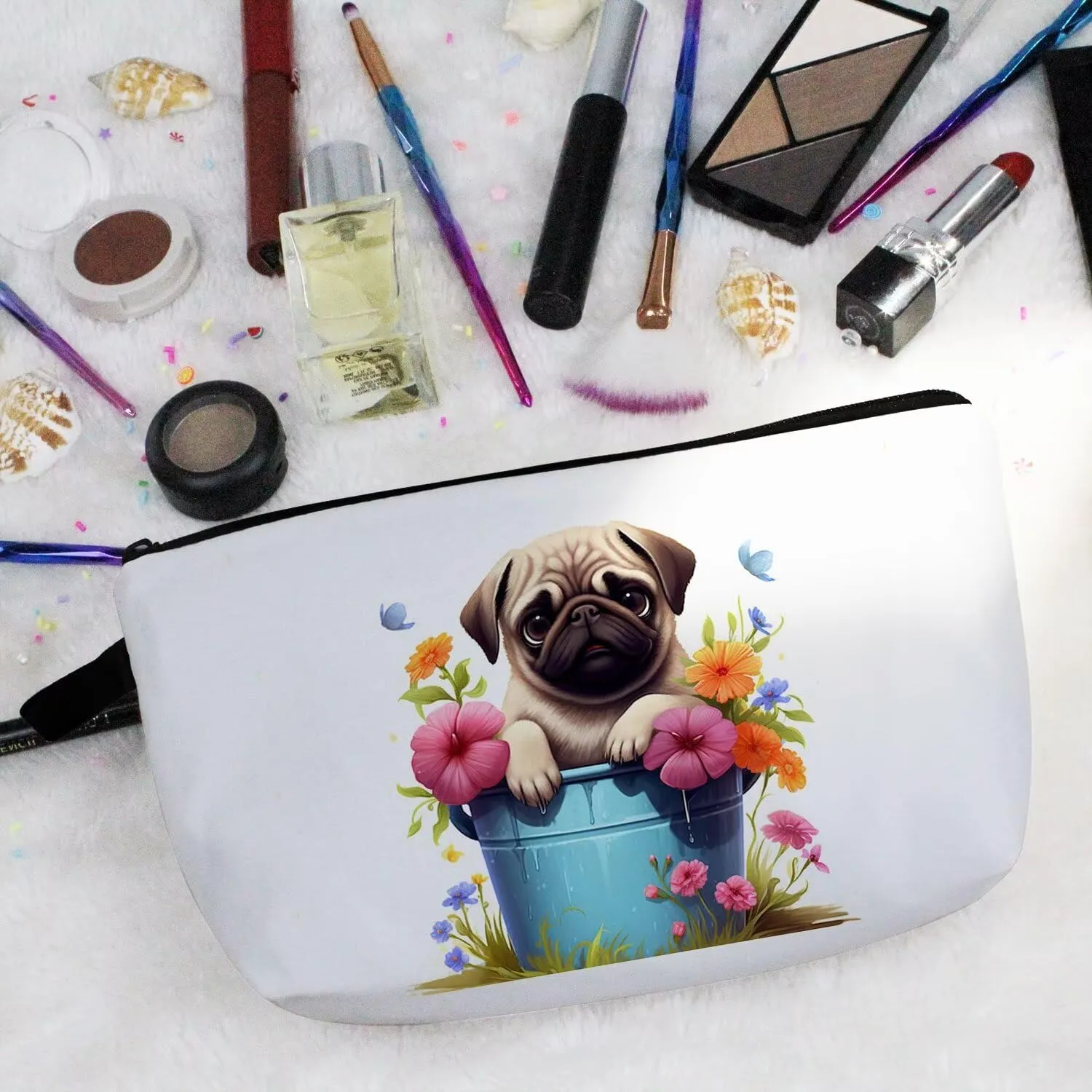 Floral Pug Makeup Bag Cute Small Organizer Zipper Pouch Floral Pug Cosmetic Bag Birthday Present for Women Friends -1