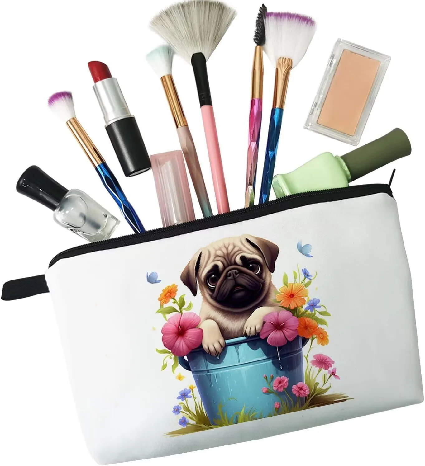 Floral Pug Makeup Bag Cute Small Organizer Zipper Pouch Floral Pug Cosmetic Bag Birthday Present for Women Friends -1