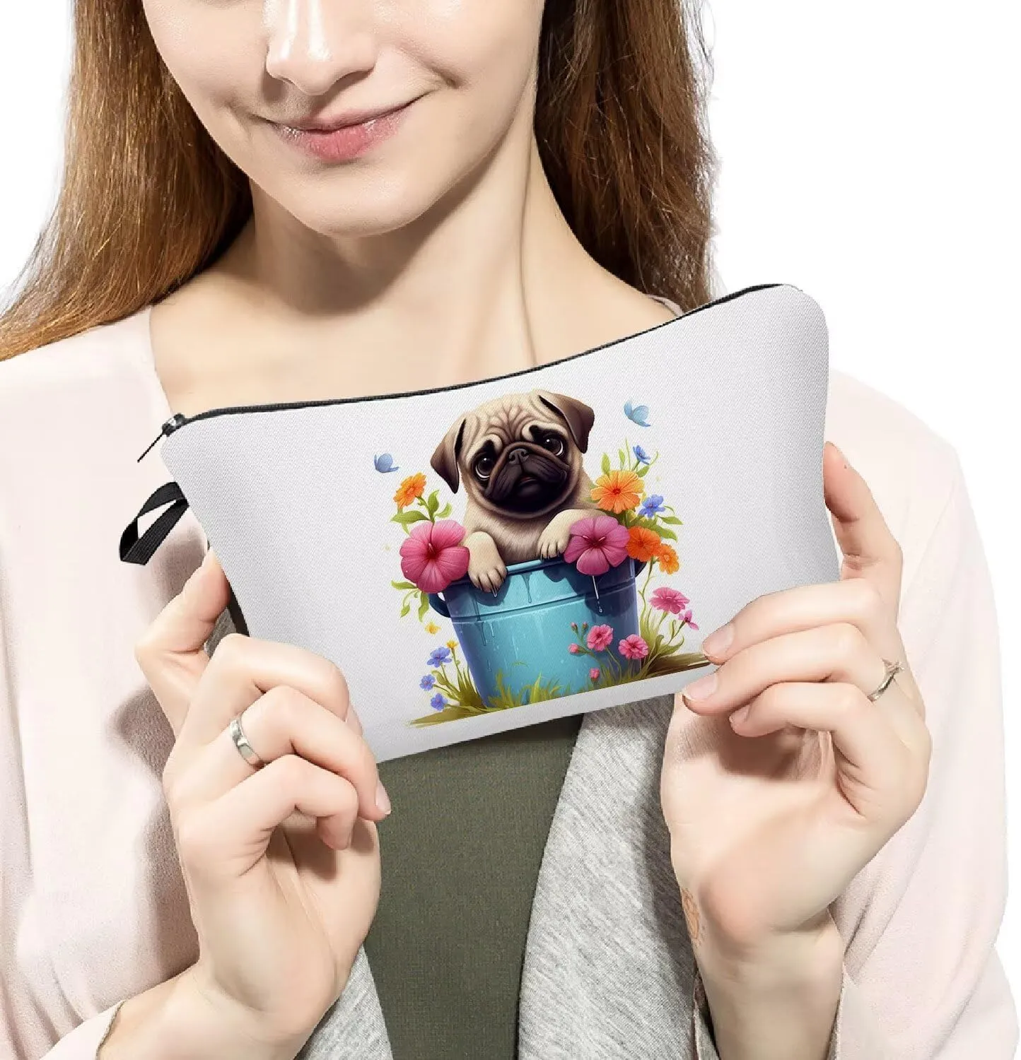 Floral Pug Makeup Bag Cute Small Organizer Zipper Pouch Floral Pug Cosmetic Bag Birthday Present for Women Friends -1