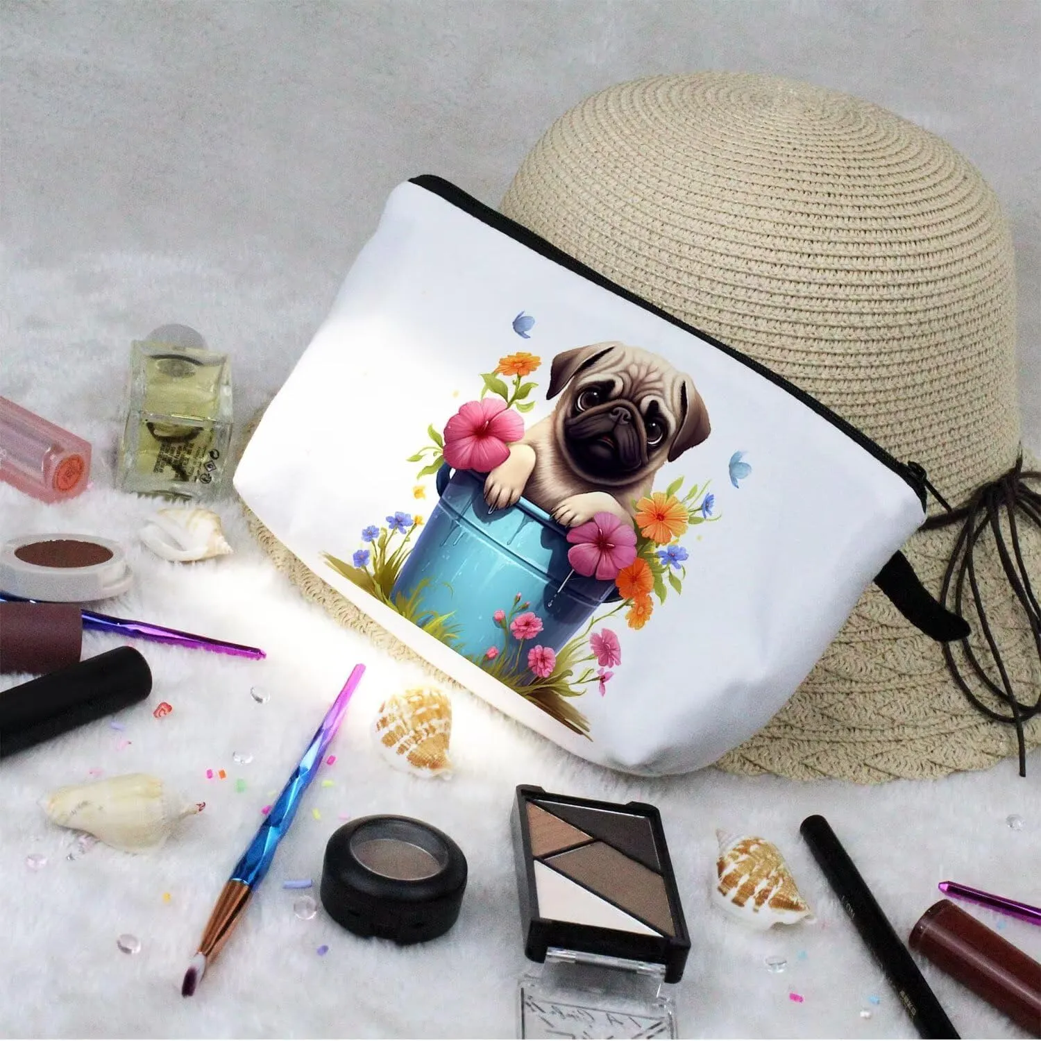 Floral Pug Makeup Bag Cute Small Organizer Zipper Pouch Floral Pug Cosmetic Bag Birthday Present for Women Friends -1