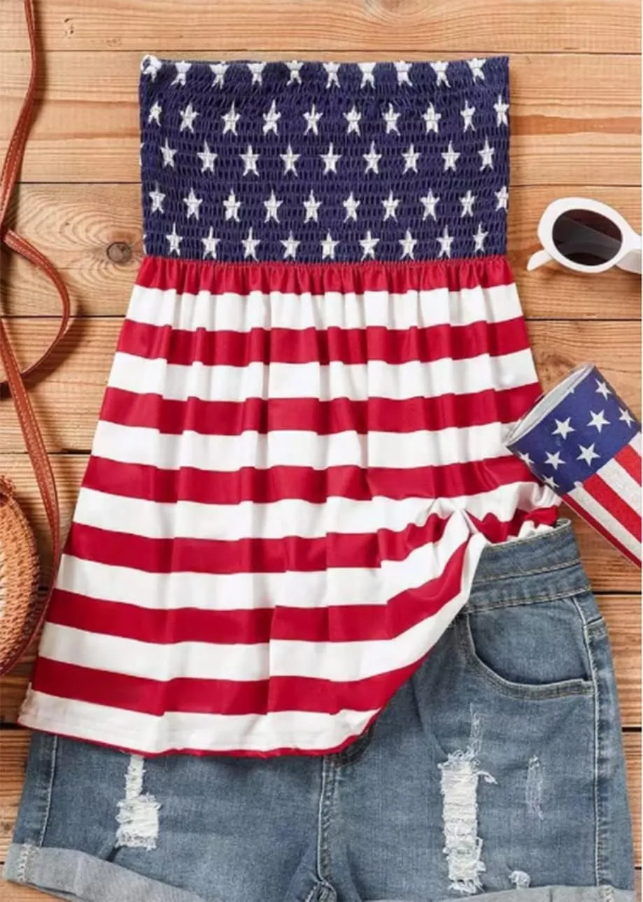 Floral Smocked Ruffled Strapless Bandeau Tank Women Summer Backless Tube Top Sleeveless Loose Holiday Shirts Blouse