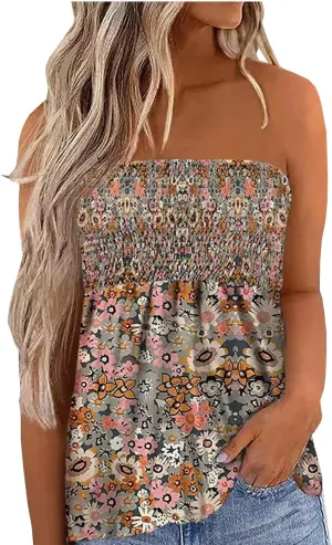 Floral Smocked Ruffled Strapless Bandeau Tank Women Summer Backless Tube Top Sleeveless Loose Holiday Shirts Blouse