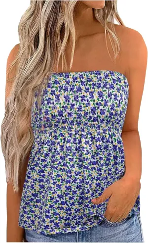 Floral Smocked Ruffled Strapless Bandeau Tank Women Summer Backless Tube Top Sleeveless Loose Holiday Shirts Blouse
