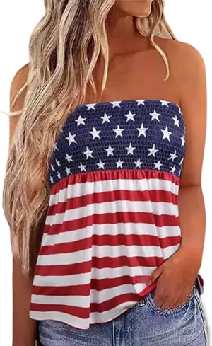 Floral Smocked Ruffled Strapless Bandeau Tank Women Summer Backless Tube Top Sleeveless Loose Holiday Shirts Blouse