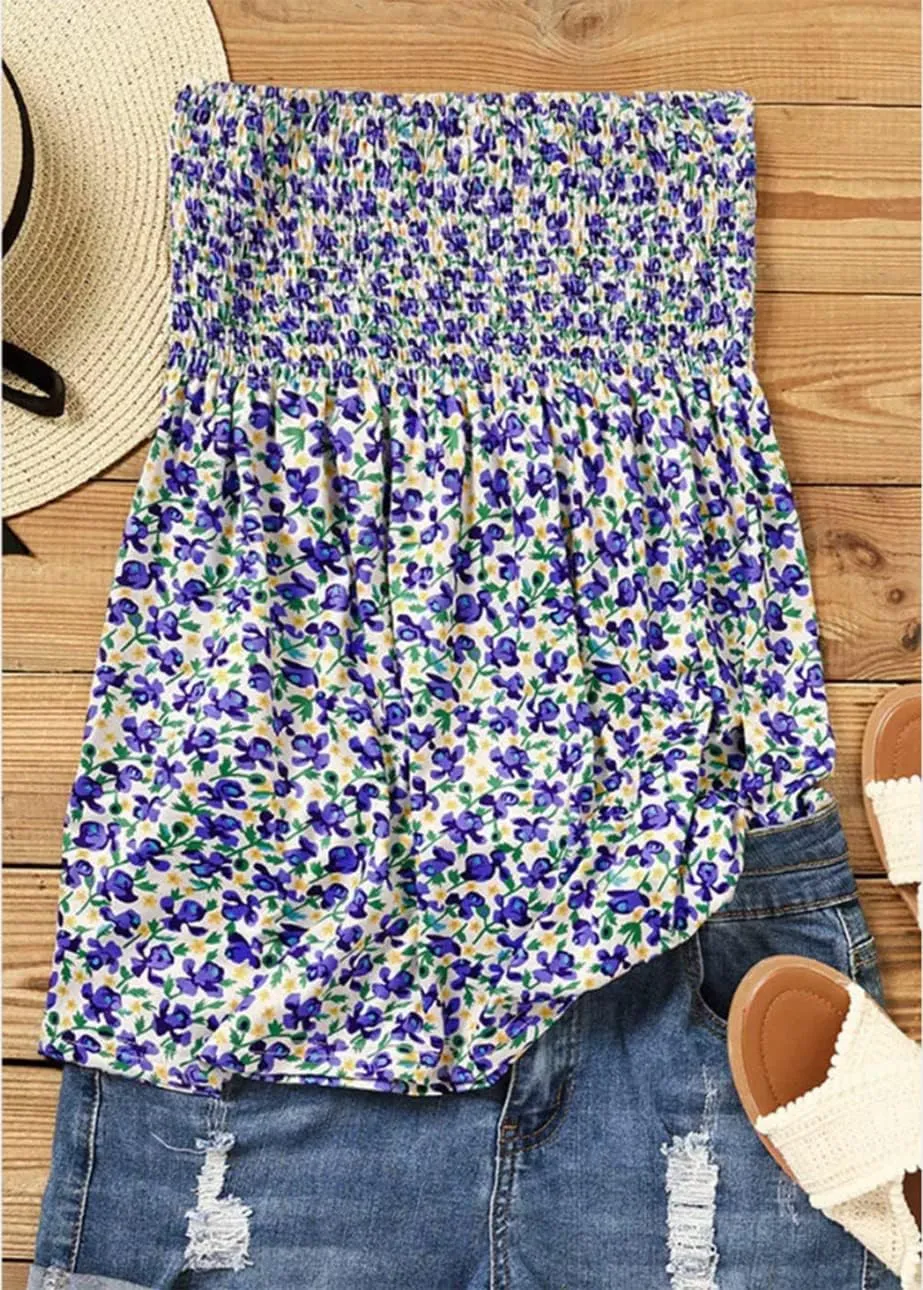 Floral Smocked Ruffled Strapless Bandeau Tank Women Summer Backless Tube Top Sleeveless Loose Holiday Shirts Blouse
