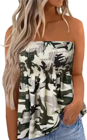 Floral Smocked Ruffled Strapless Bandeau Tank Women Summer Backless Tube Top Sleeveless Loose Holiday Shirts Blouse