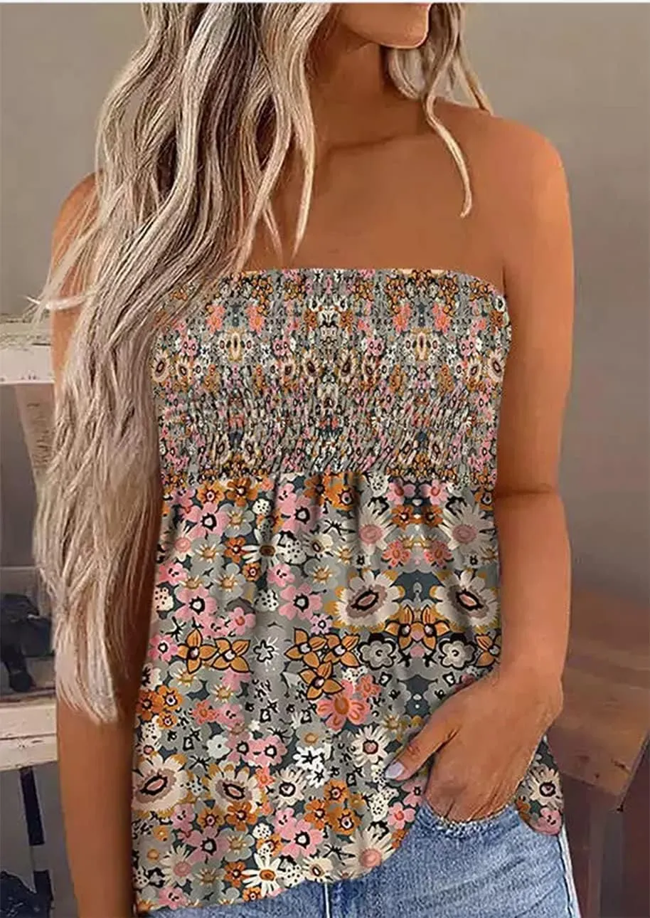 Floral Smocked Ruffled Strapless Bandeau Tank Women Summer Backless Tube Top Sleeveless Loose Holiday Shirts Blouse