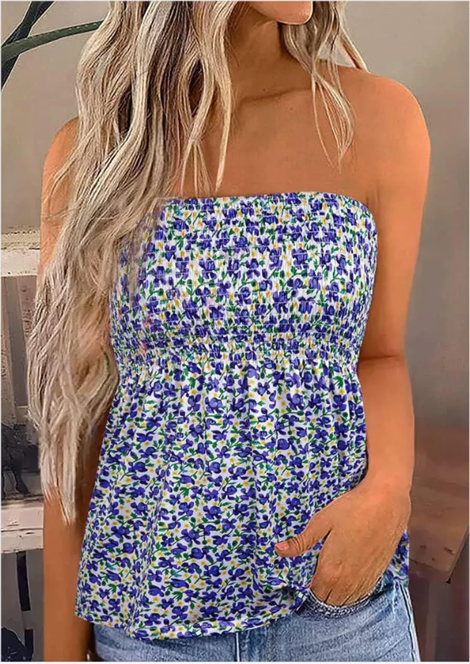 Floral Smocked Ruffled Strapless Bandeau Tank Women Summer Backless Tube Top Sleeveless Loose Holiday Shirts Blouse