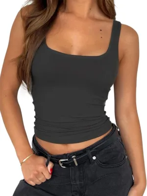 ForeFair Women's Sleeveless Square Neck Tank Top Double Layer Basic Crop Tops Summer Fitness Workout Casual Tops