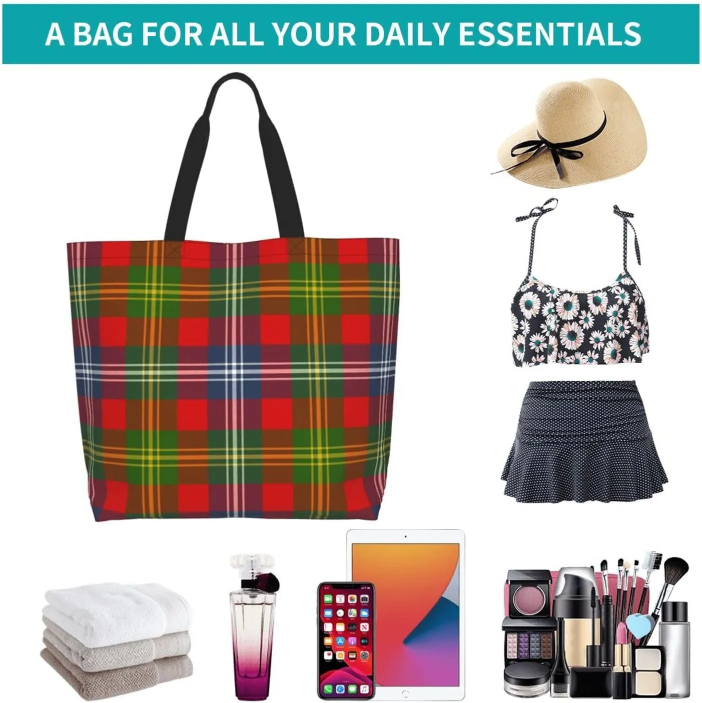 Fraser Hunting Modern Tartan Tote Bag For Women Weekender Travel Bag Reusable Grocery Bags Large Totes Handbags