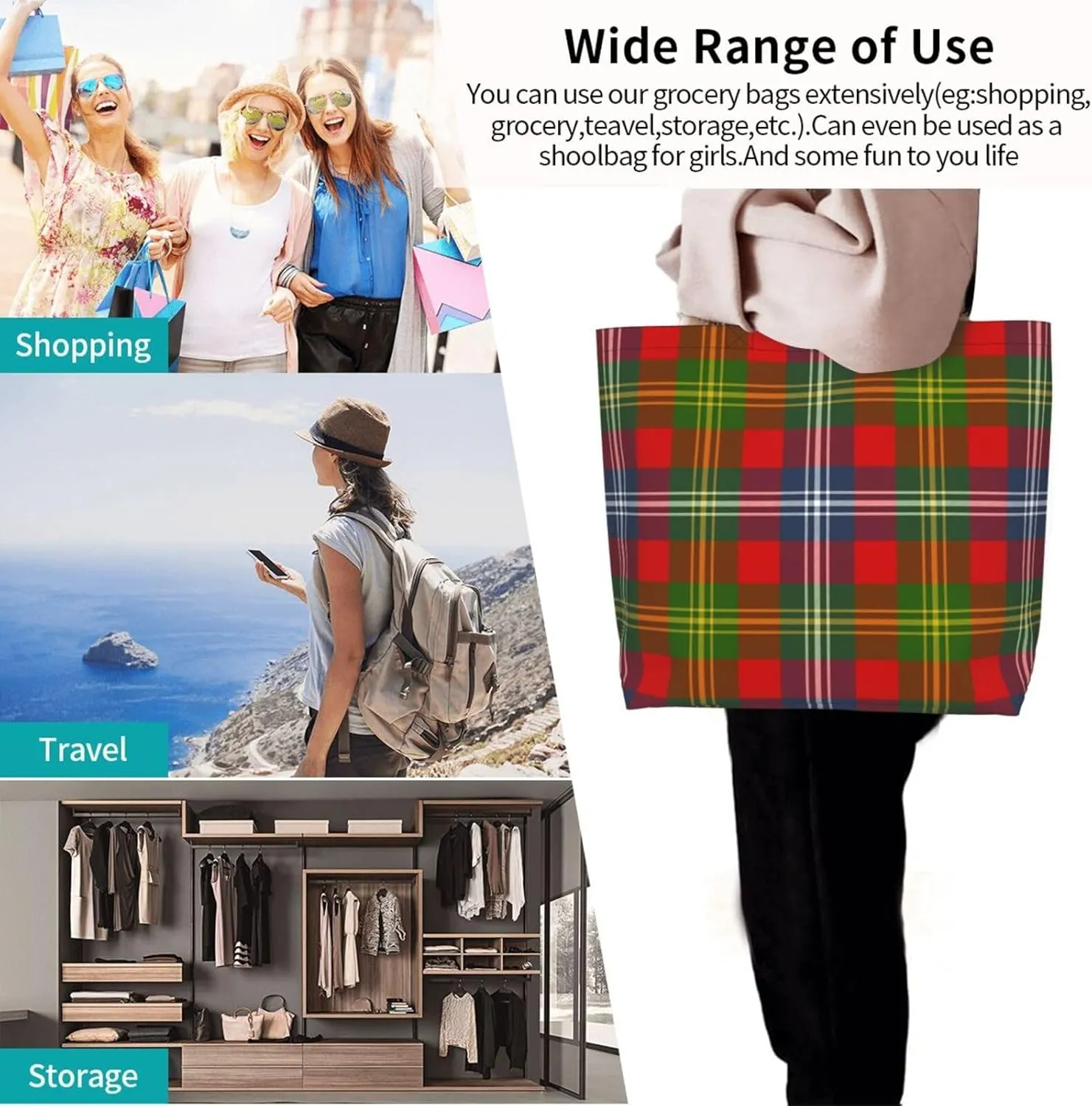 Fraser Hunting Modern Tartan Tote Bag For Women Weekender Travel Bag Reusable Grocery Bags Large Totes Handbags