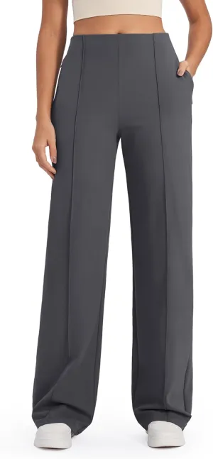 G4Free Wide Leg Pants for Women Business Casual Work Pants with Pockets High Waist Lounge Sweatpants Yoga Dress Pants Women Tummy Control(Dark Grey,XL,33")