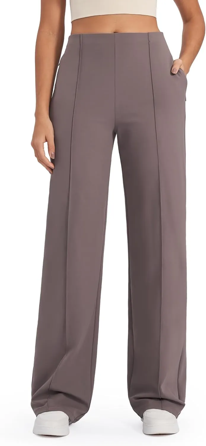 G4Free Women's Yoga Pants with Pockets Wide Leg Business Casual Pants High Waist Work Slacks Straight Leg Dress Pants Lightweight Sweatpants(Taupe,S,29")