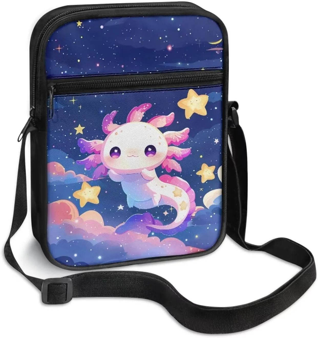 Galaxy Axolotl Trendy Crossbody Organizer Cute Small Messenger Bag for Travelers Breathable Canvas Shoulder Handbag Gym Hiking Campus Essentials