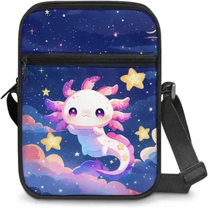 Galaxy Axolotl Trendy Crossbody Organizer Cute Small Messenger Bag for Travelers Breathable Canvas Shoulder Handbag Gym Hiking Campus Essentials
