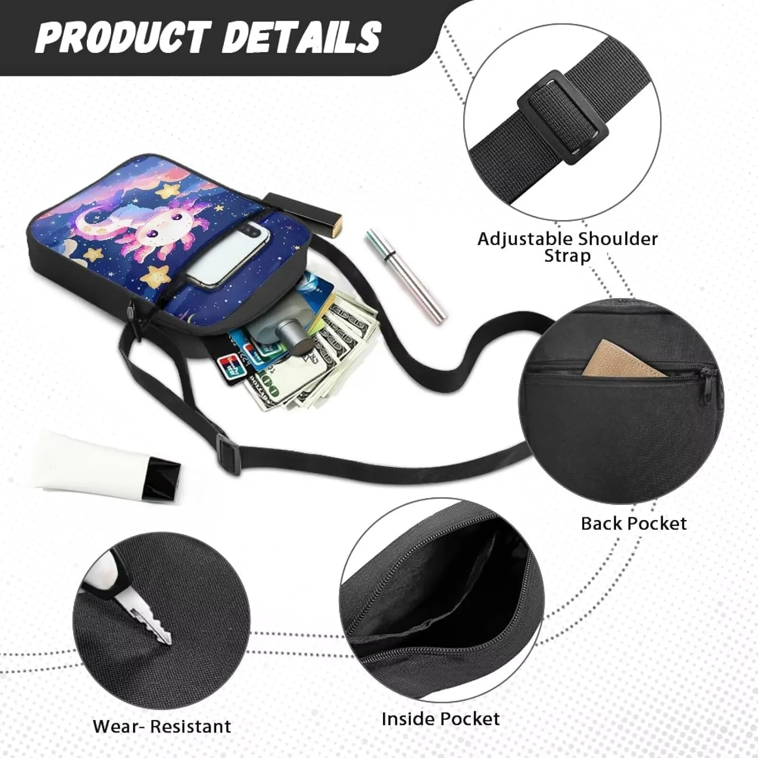 Galaxy Axolotl Trendy Crossbody Organizer Cute Small Messenger Bag for Travelers Breathable Canvas Shoulder Handbag Gym Hiking Campus Essentials